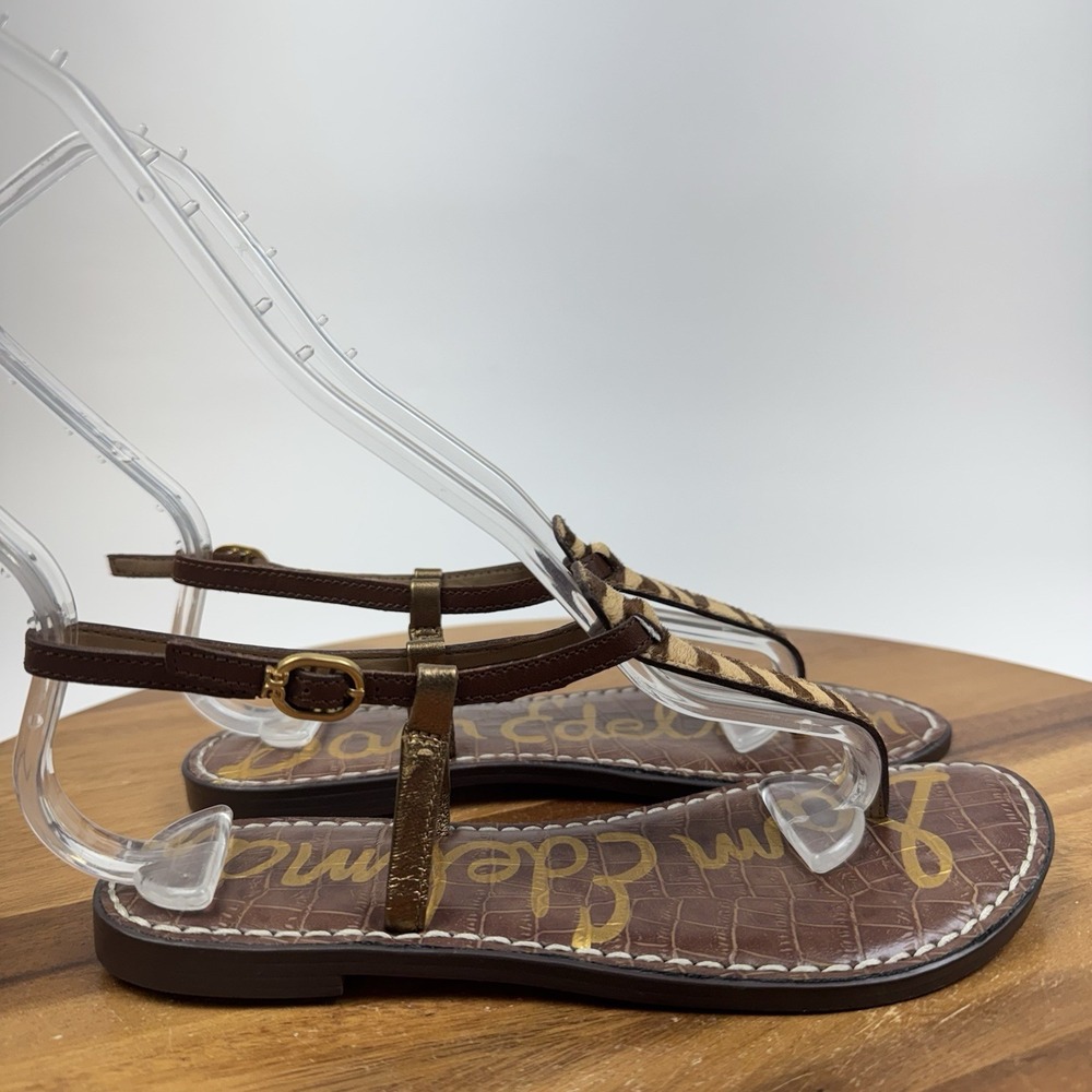 New Womens Sam Edelman Gigi Signet T-Strap Tan Zebra Print Sandals Size 5 M